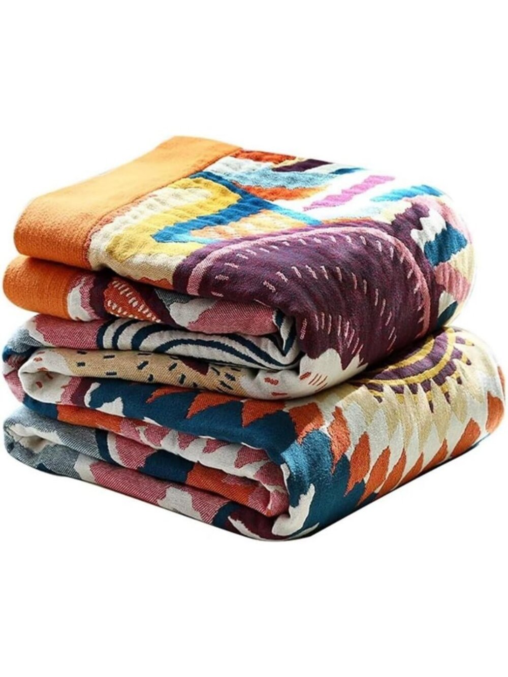 Ultra Soft Boho Throw Blanket - 100% Cotton Woven Muslin, Colorful Vintage